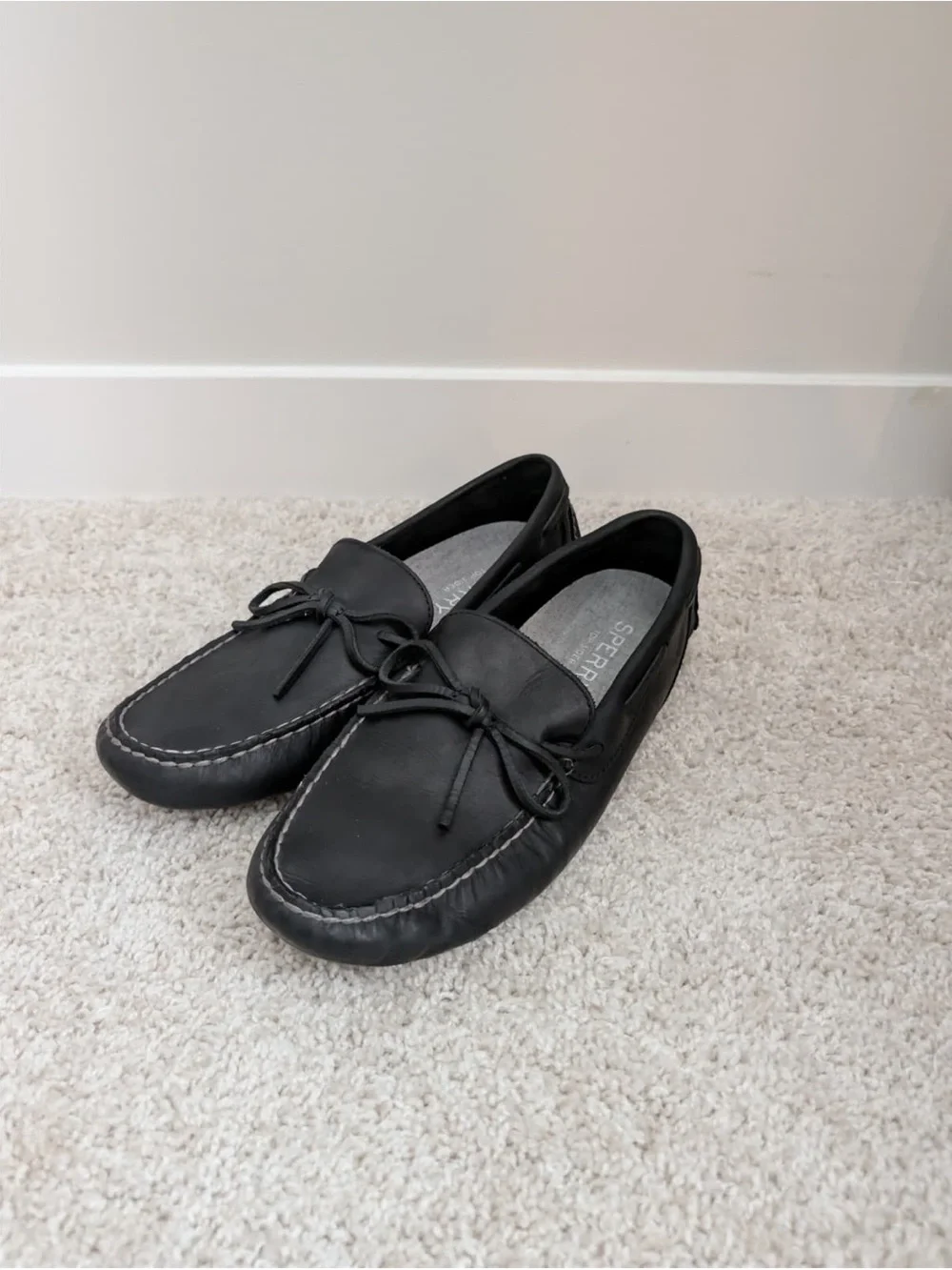 Sperry Black Leather Boat Shoes with Lace Detail
